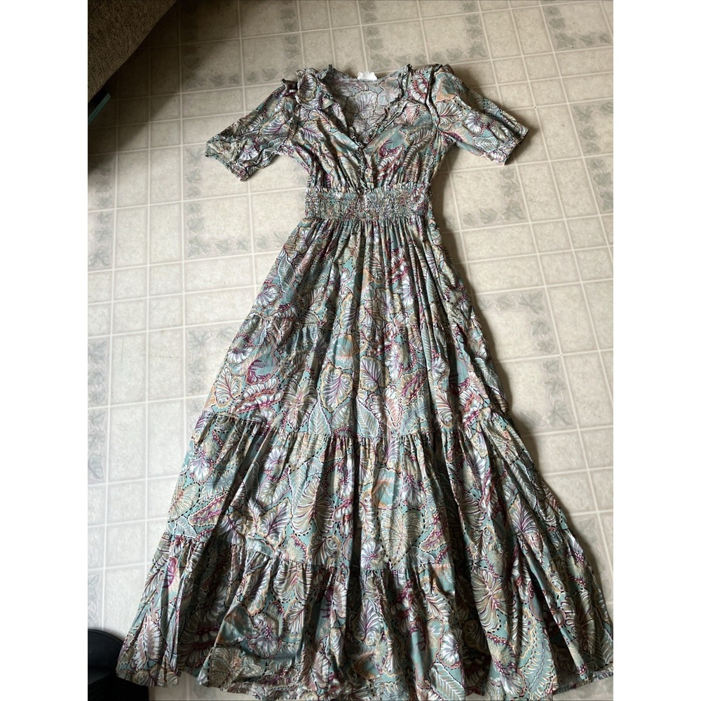 Melloday Dress Green Floral Smocked Waist Puffed Sleeve Small Smocked Waist Boho